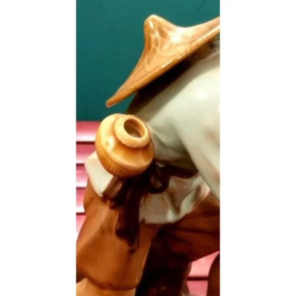 Vintage Chinese Mudman Fisherman Clay Figurine Sitting On Rock No Pole Excellent